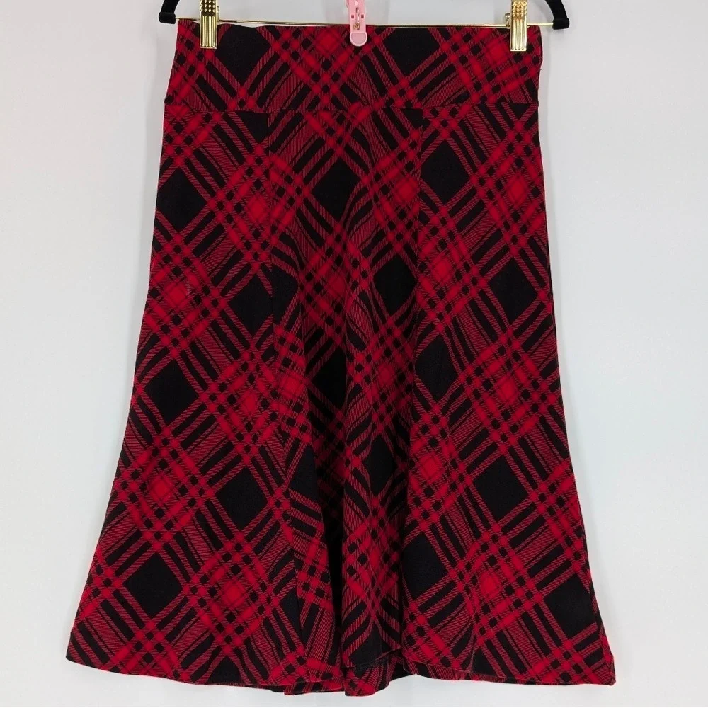 Chaps Red Black Plaid A-Line Midi Skirt Cotton Jersey Pull On Small‎